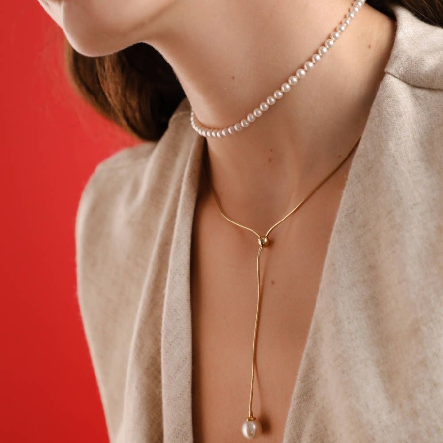 MAJORICA Golden Steel Short Necklace Aura | Pearl Chain Necklaces