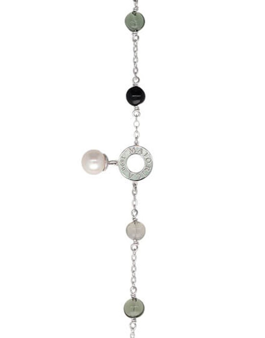 MAJORICA Silver Algaida Bracelet With Round Pearl And Black Murano Glass | Chain Bracelets