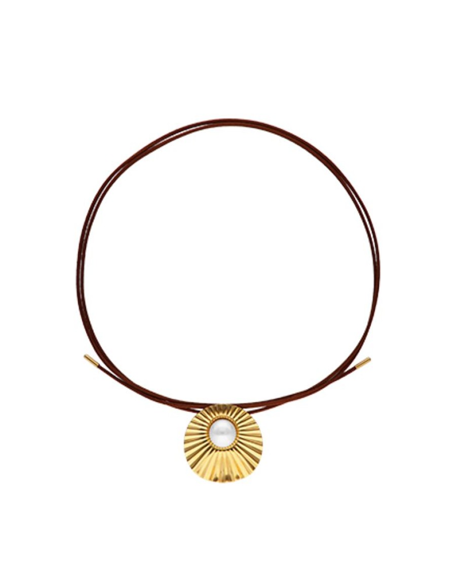 MAJORICA Le Palm White Pearl Gold-Plated Steel Necklace With Brown Silk Cord | Pendants With Chain