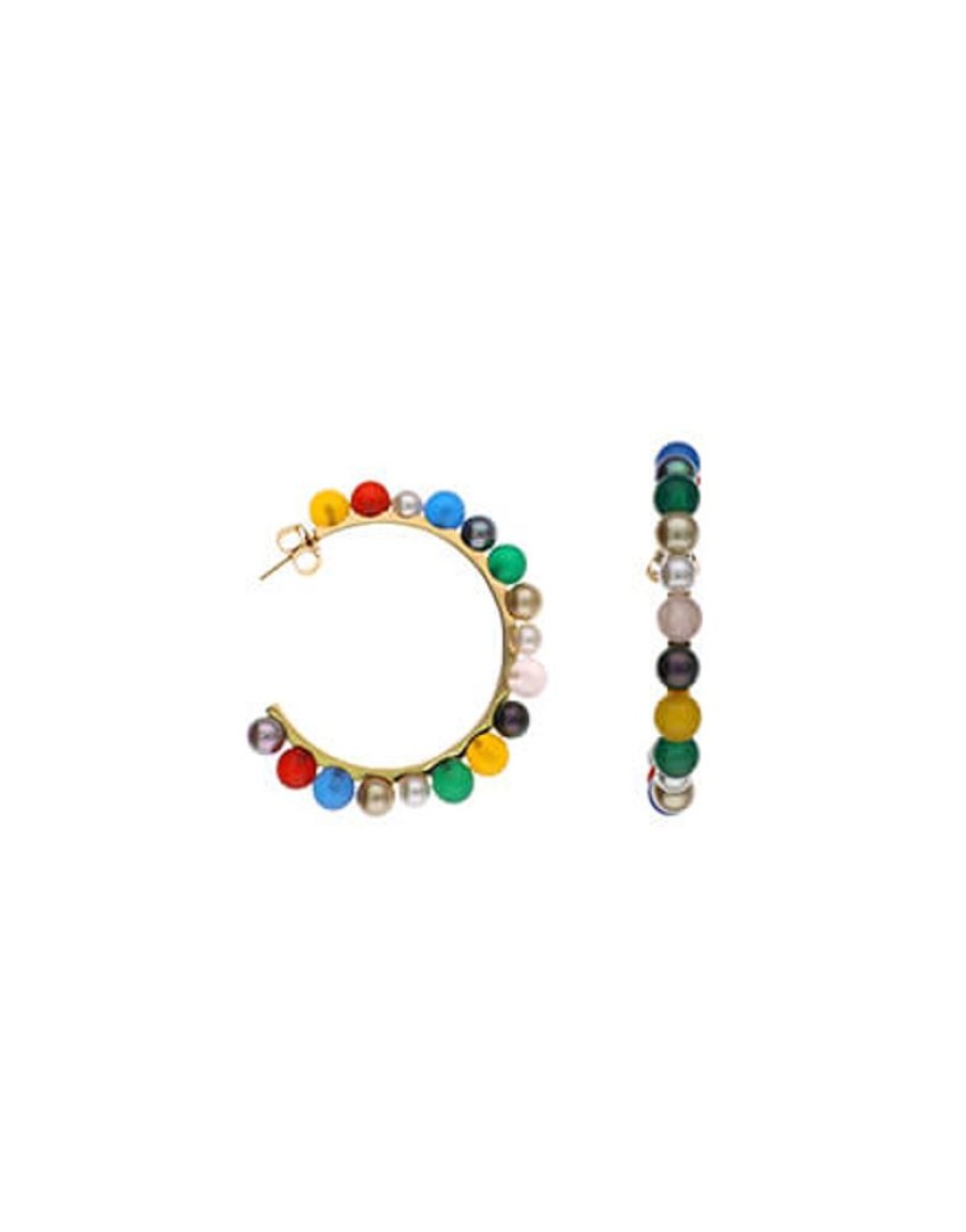 MAJORICA Tutti Frutti Gold Hoop Earrings With Multicoloured Agates | Pearl Hoop Earrings