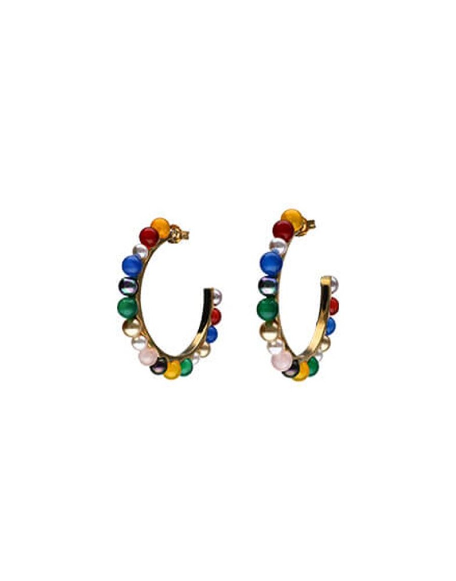 MAJORICA Tutti Frutti Gold Hoop Earrings With Multicoloured Agates | Pearl Hoop Earrings