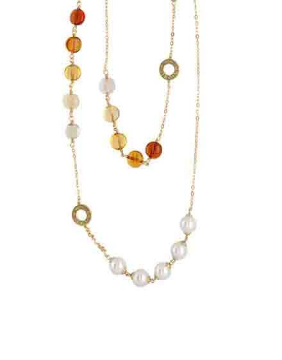 MAJORICA Algaida Golden Long Multiposition Necklace With Amber Murano Glass | Pearl Chain Necklaces