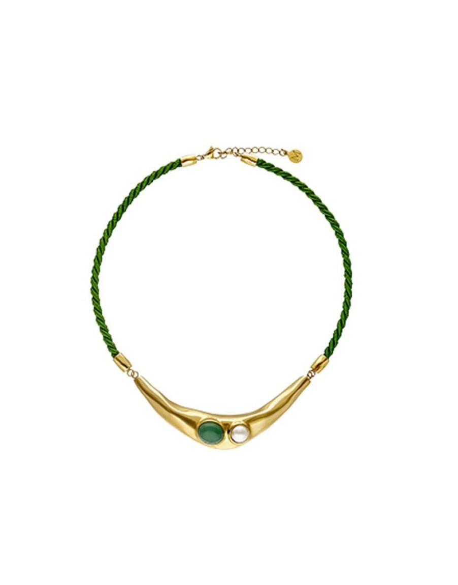 MAJORICA Feme Leather Necklace With White Pearl And Green Agate | Leather Necklaces