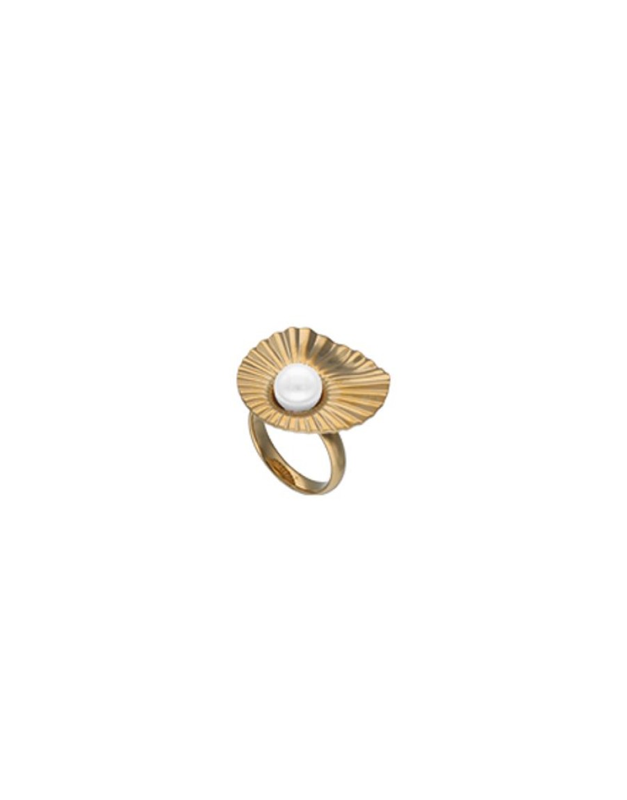 MAJORICA Large Le Palm Gold-Steel Ring With White Pearl | Large Pearl Rings