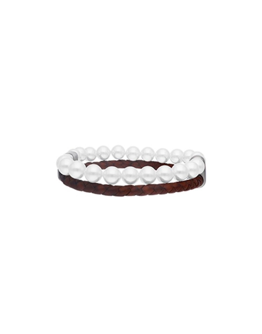 MAJORICA Sailor Bracelet In Steel, Brown Leather And White Pearl 21Cm | Leather Bracelets