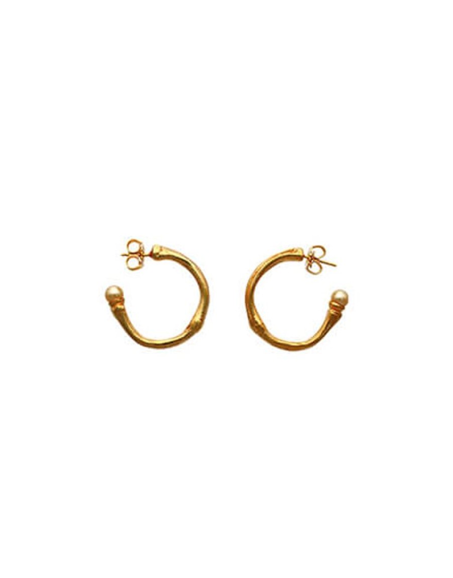 MAJORICA Golden Bamboo Hoop Earrings With Champagne Pearls | Pearl Hoop Earrings