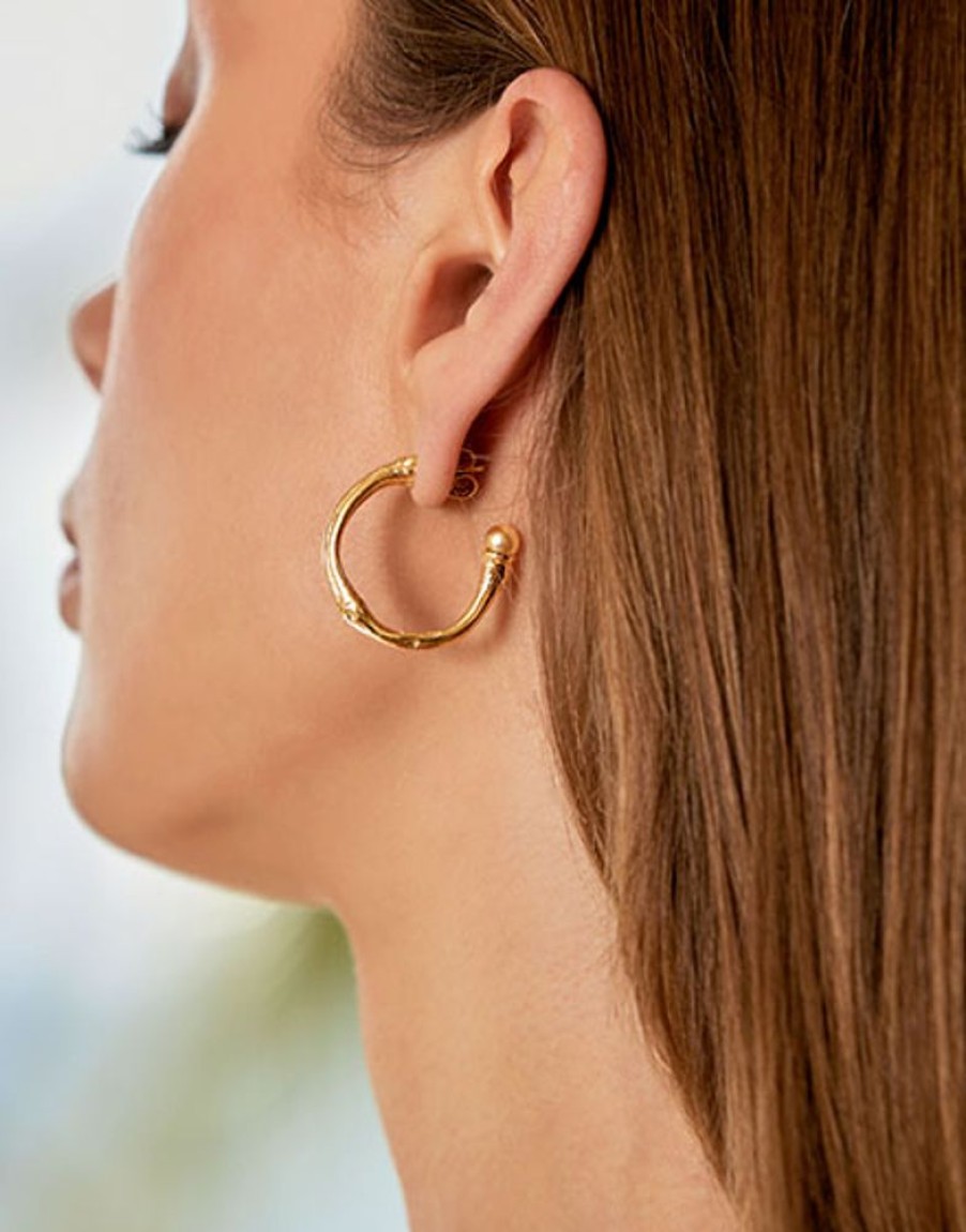 MAJORICA Golden Bamboo Hoop Earrings With Champagne Pearls | Pearl Hoop Earrings