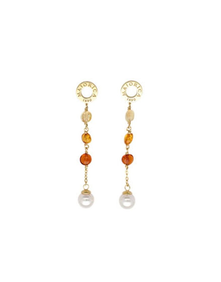 MAJORICA Algaida Golden Long Earrings With Pearl And Amber Murano Glass | Pearl Drop Earrings