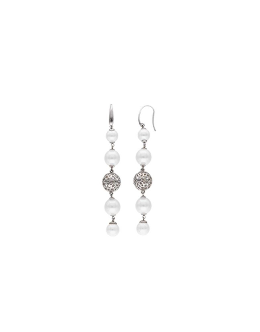 MAJORICA Eternal Earrings With Round Pearls And Cutwork Ball In Silver | Pearl Drop Earrings