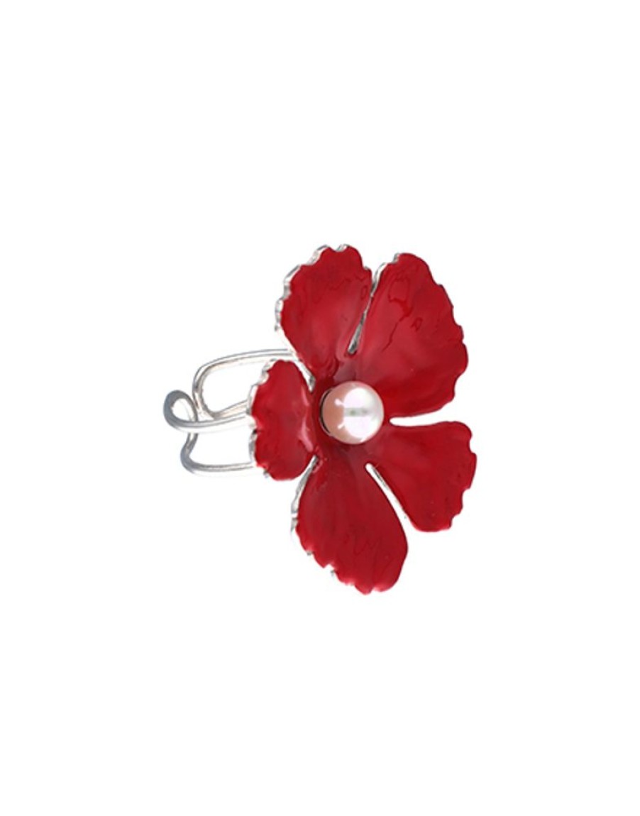 MAJORICA Silver Santorini Large Red Flower Ring | Large Pearl Rings