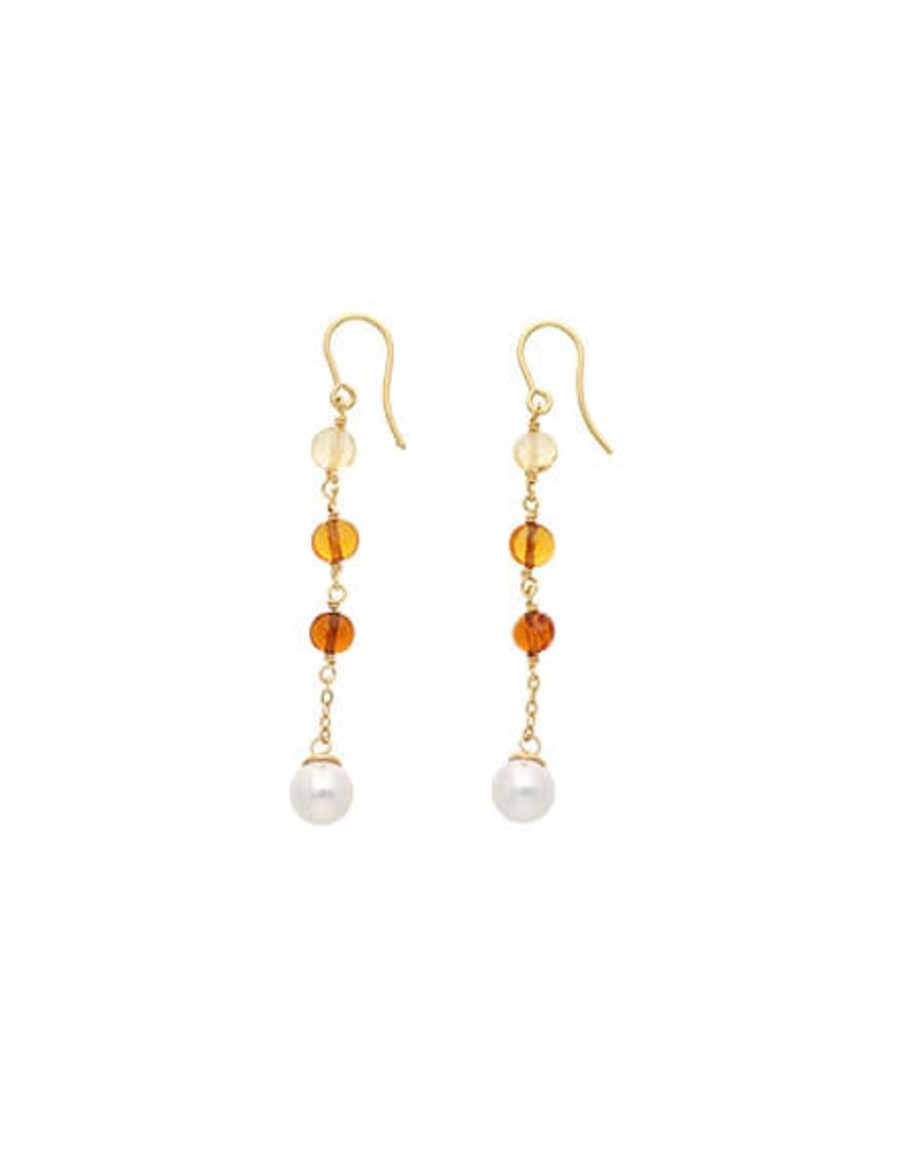 MAJORICA Algaida Long Fish Wire Earrings, Golden And Amber | Pearl Drop Earrings