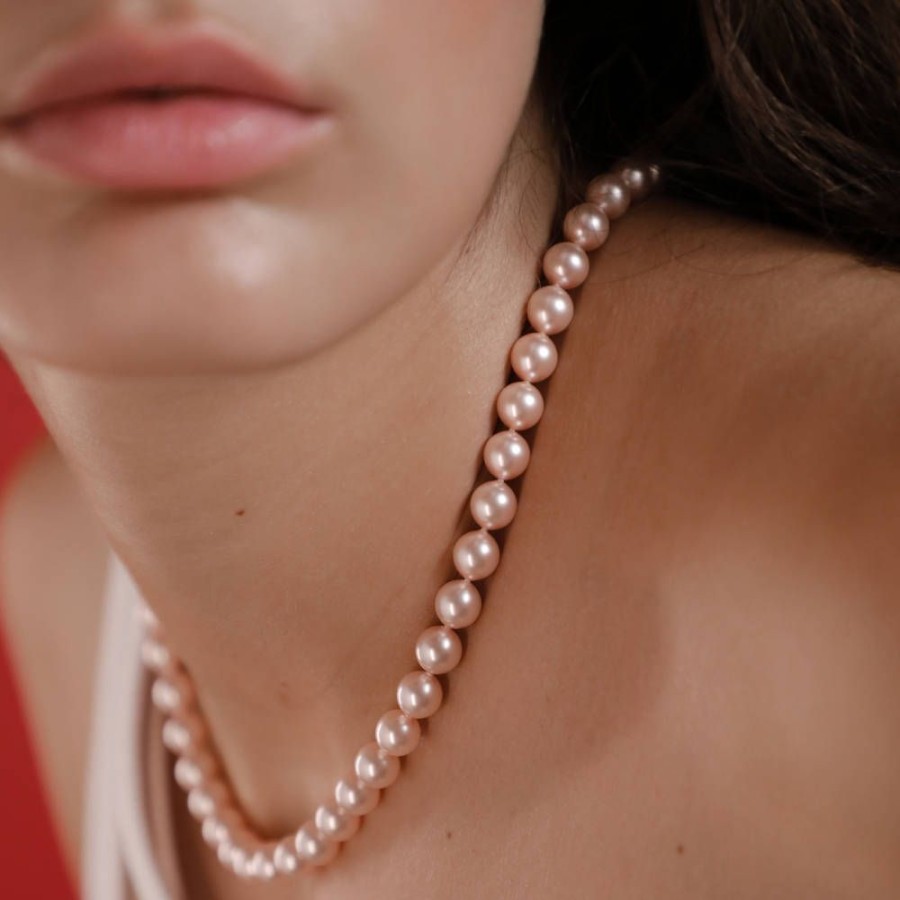 MAJORICA Silver Necklace Lyra 45Cm With 8Mm Pink Pearls | Long Pearl Necklaces