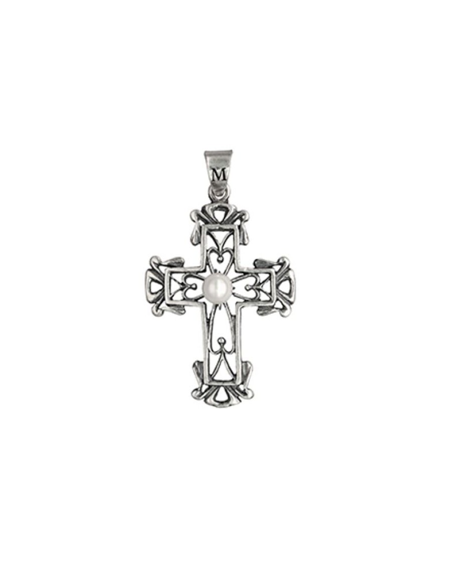 MAJORICA Silver Medieval Cross Pendant With Round Pearl | Pendant Chain