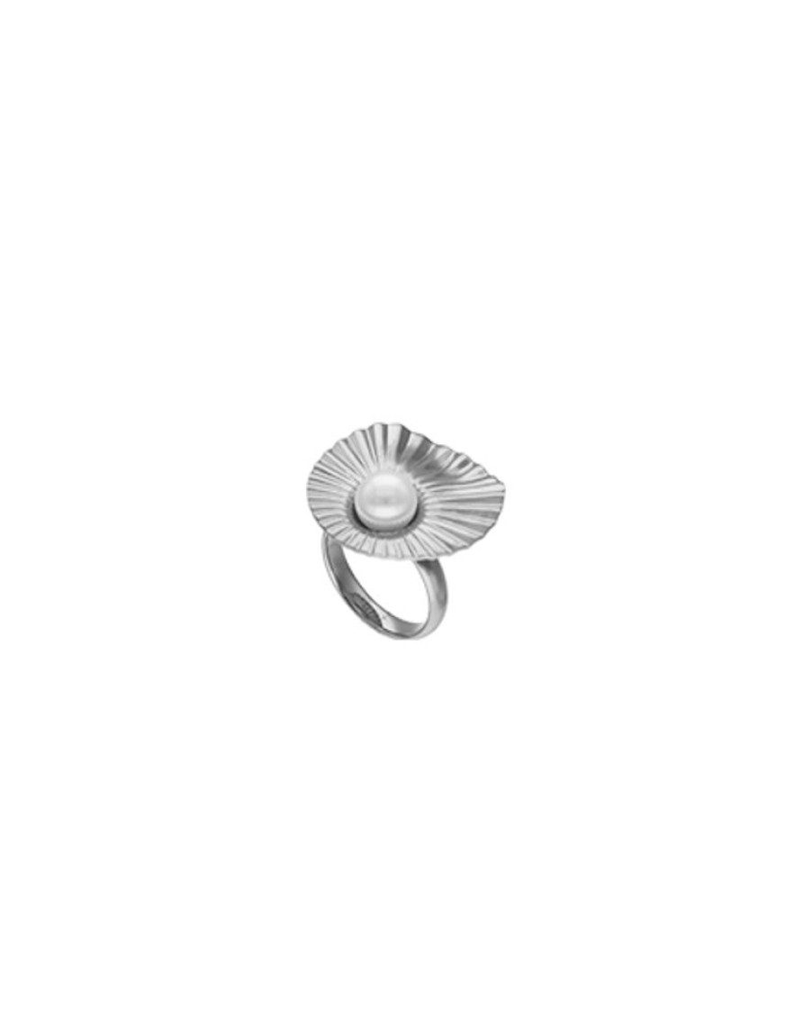 MAJORICA Large Le Palm Steel Ring With White Pearl | Large Pearl Rings