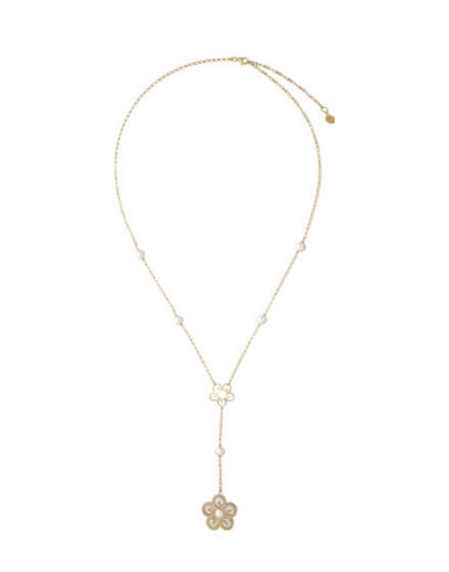 MAJORICA Long Roxana Necklace With A Mother-Of-Pearl Flower | Pearl Chain Necklaces