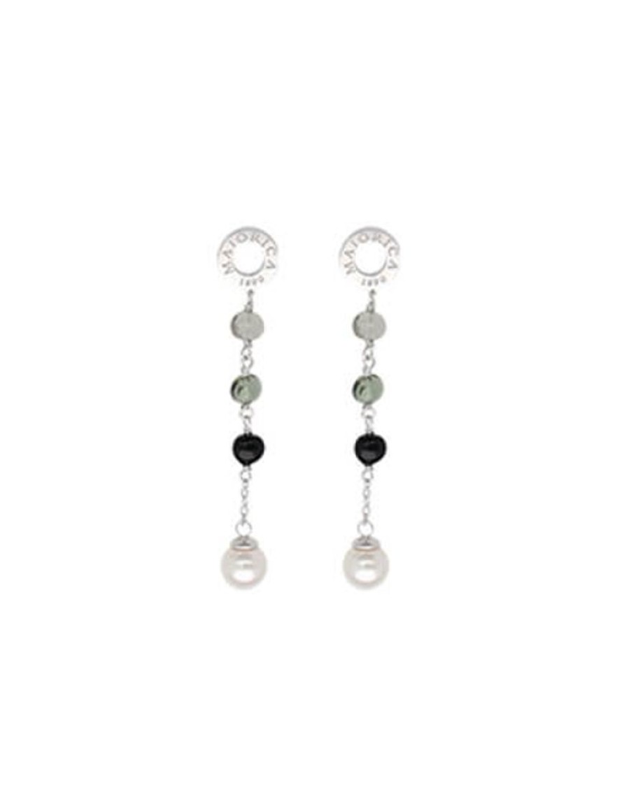 MAJORICA Algaida Silver Long Earrings With Pearl And Black Murano Glass | Pearl Drop Earrings