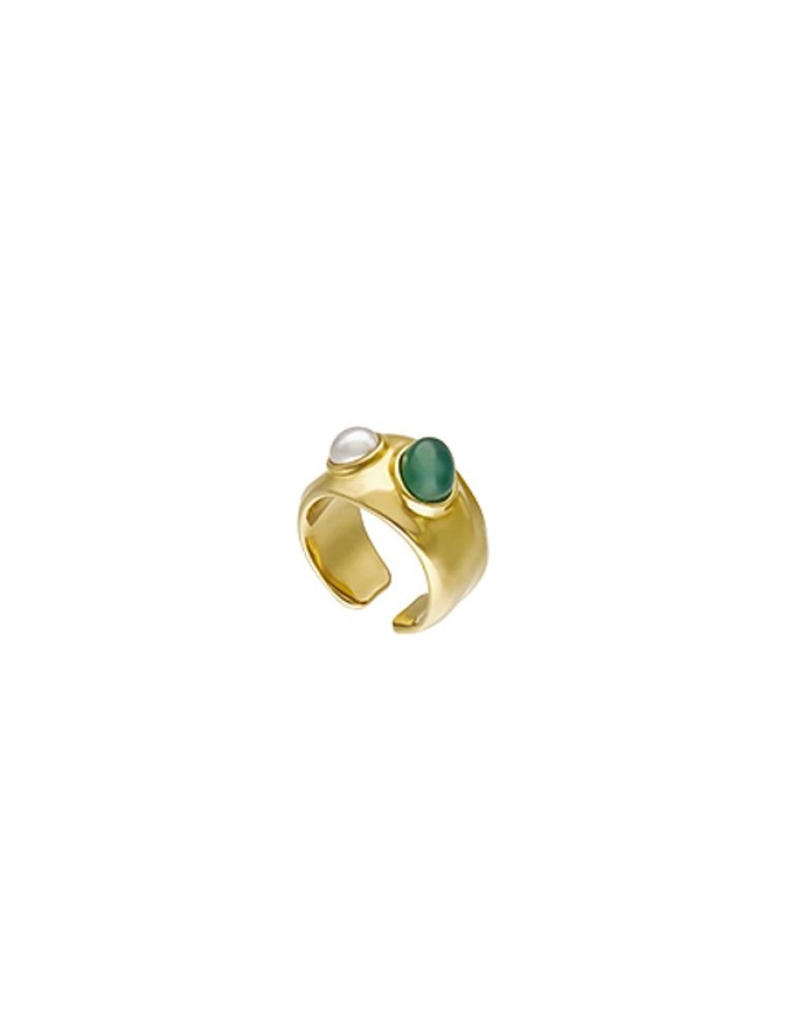 MAJORICA Gold Feme Ring With White Pearl And Green Agate | Medium-Sized Rings