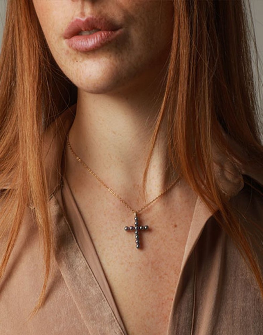 MAJORICA Crosses Collection Gold Pendant With Gray Pearl | Pendant Chain