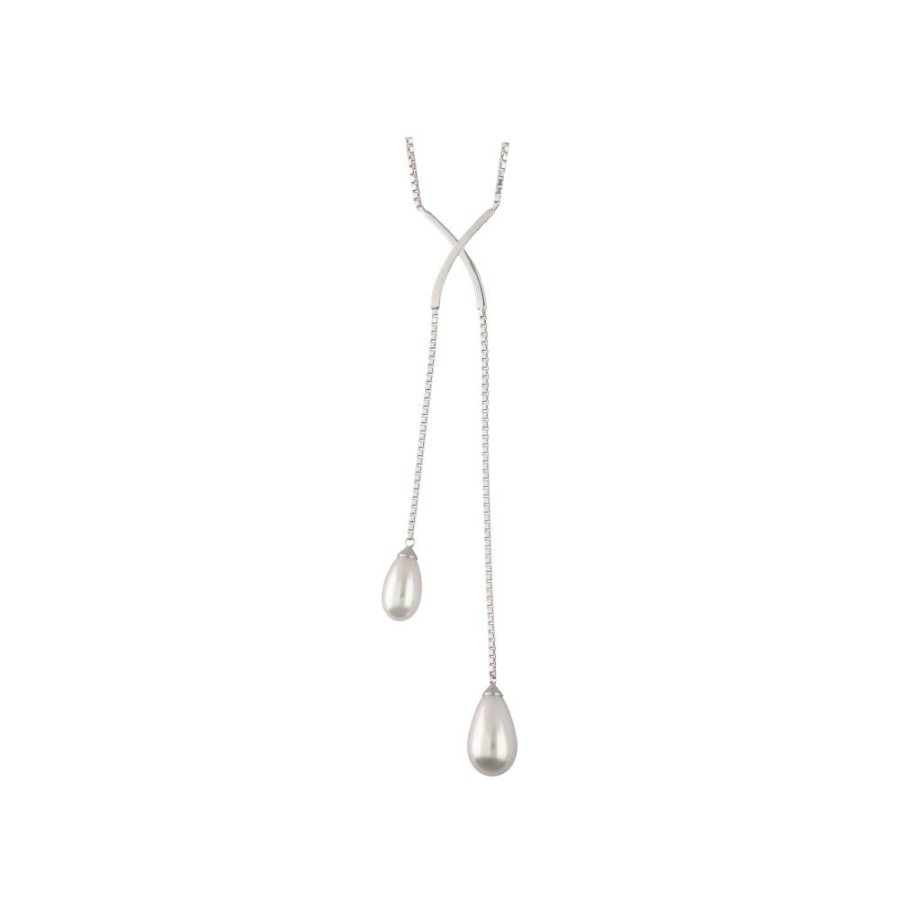 MAJORICA Short Elixa Silver Necklace With White Pear Drop Pearl | Pearl Chain Necklaces