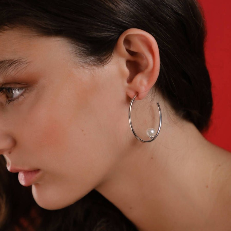 MAJORICA Alba Silver Hoop Earrings | Pearl Hoop Earrings