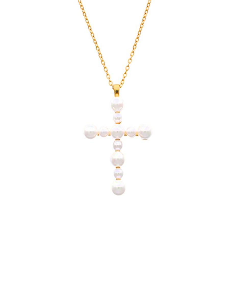 MAJORICA Crosses Collection Gold Pendant With White Pearl | Pendant Chain