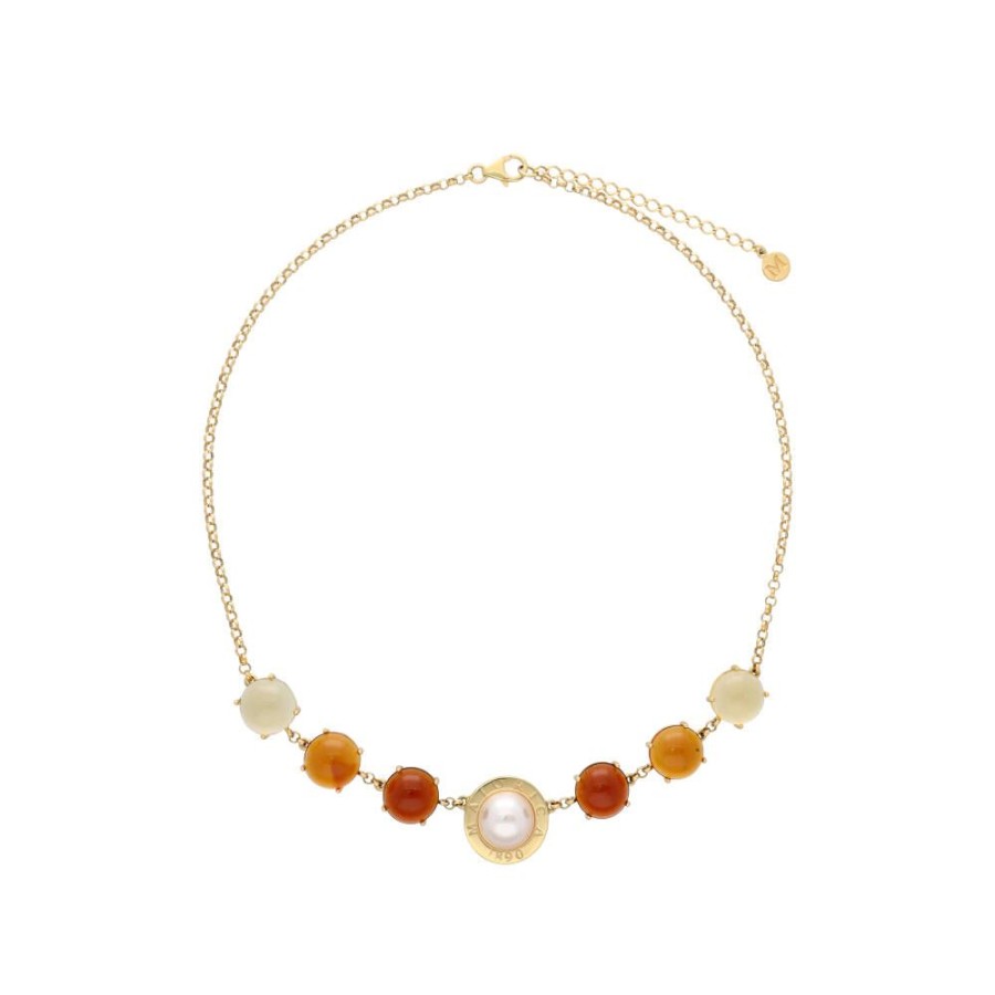 MAJORICA Algaida Golden Necklace With Half-Ball Pearl And Amber Murano Glass | Pearl Chain Necklaces