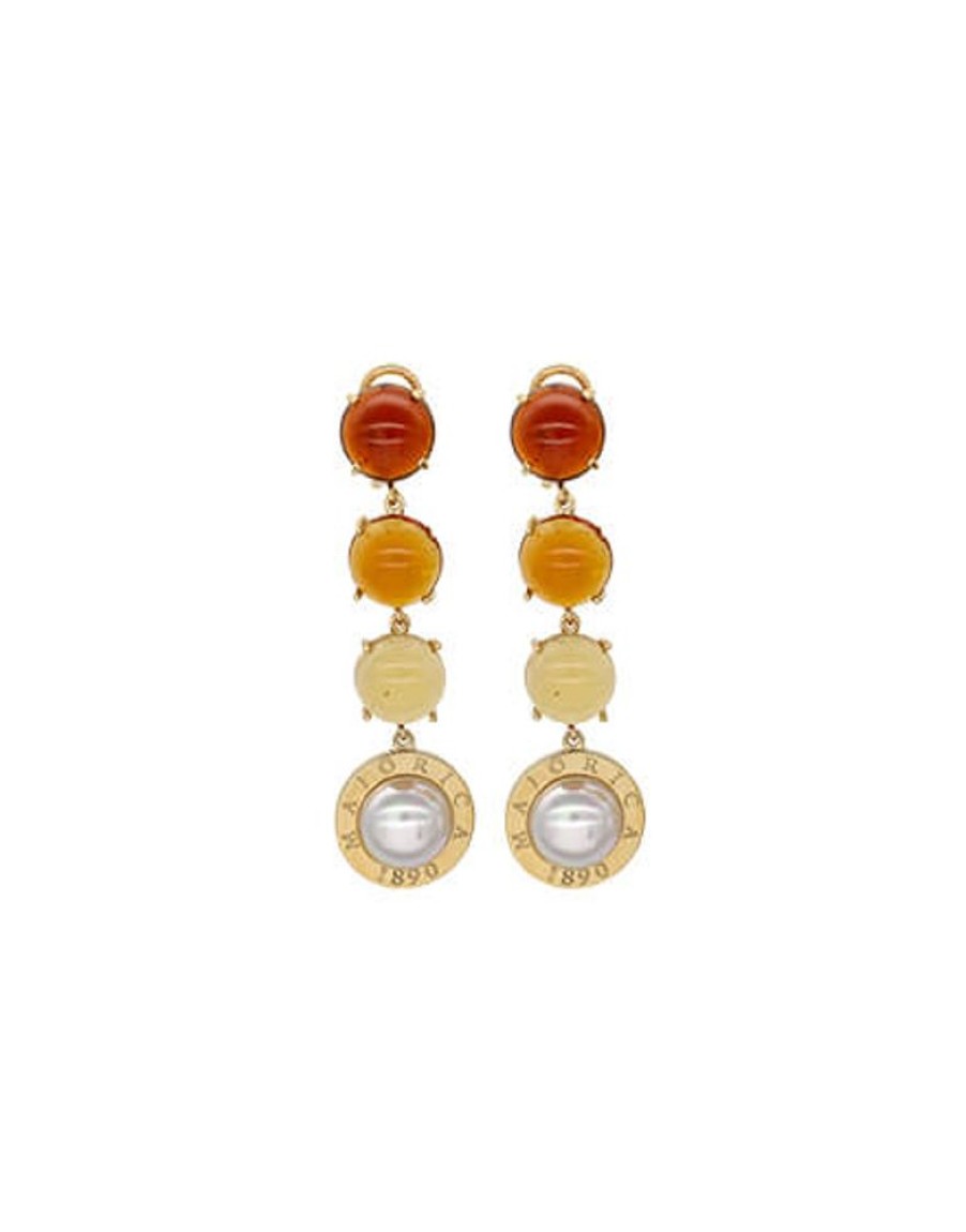 MAJORICA Algaida Button Golden Earrings With Amber Murano Glass | Pearl Drop Earrings