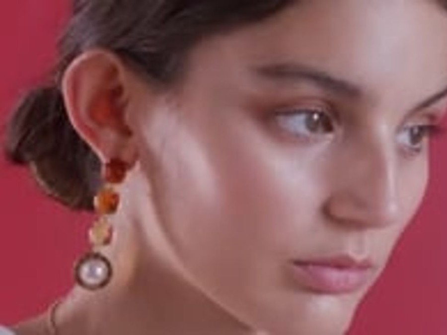 MAJORICA Algaida Button Golden Earrings With Amber Murano Glass | Pearl Drop Earrings