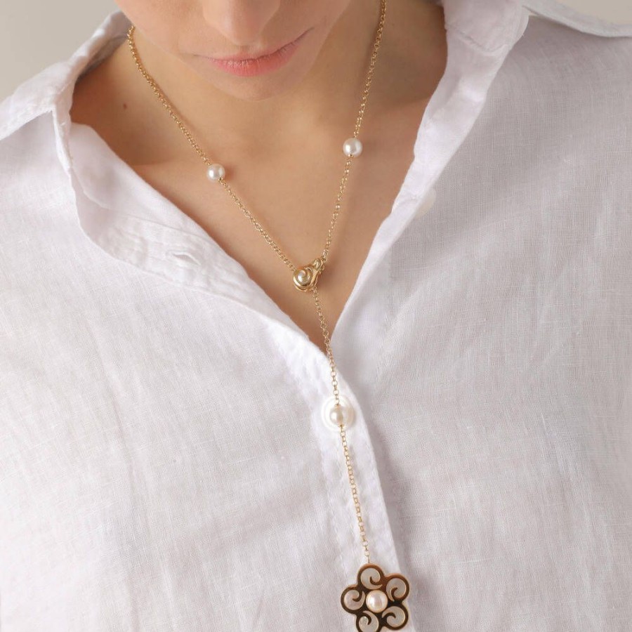 MAJORICA Long Roxana Necklace With Pearl Flower | Pearl Chain Necklaces