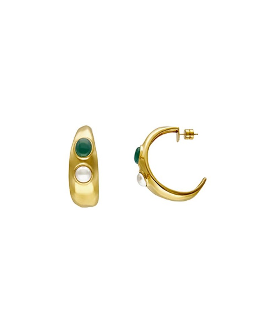 MAJORICA Gold Feme Big Hoop Earrings With Pearls And Green Agates | Pearl Hoop Earrings