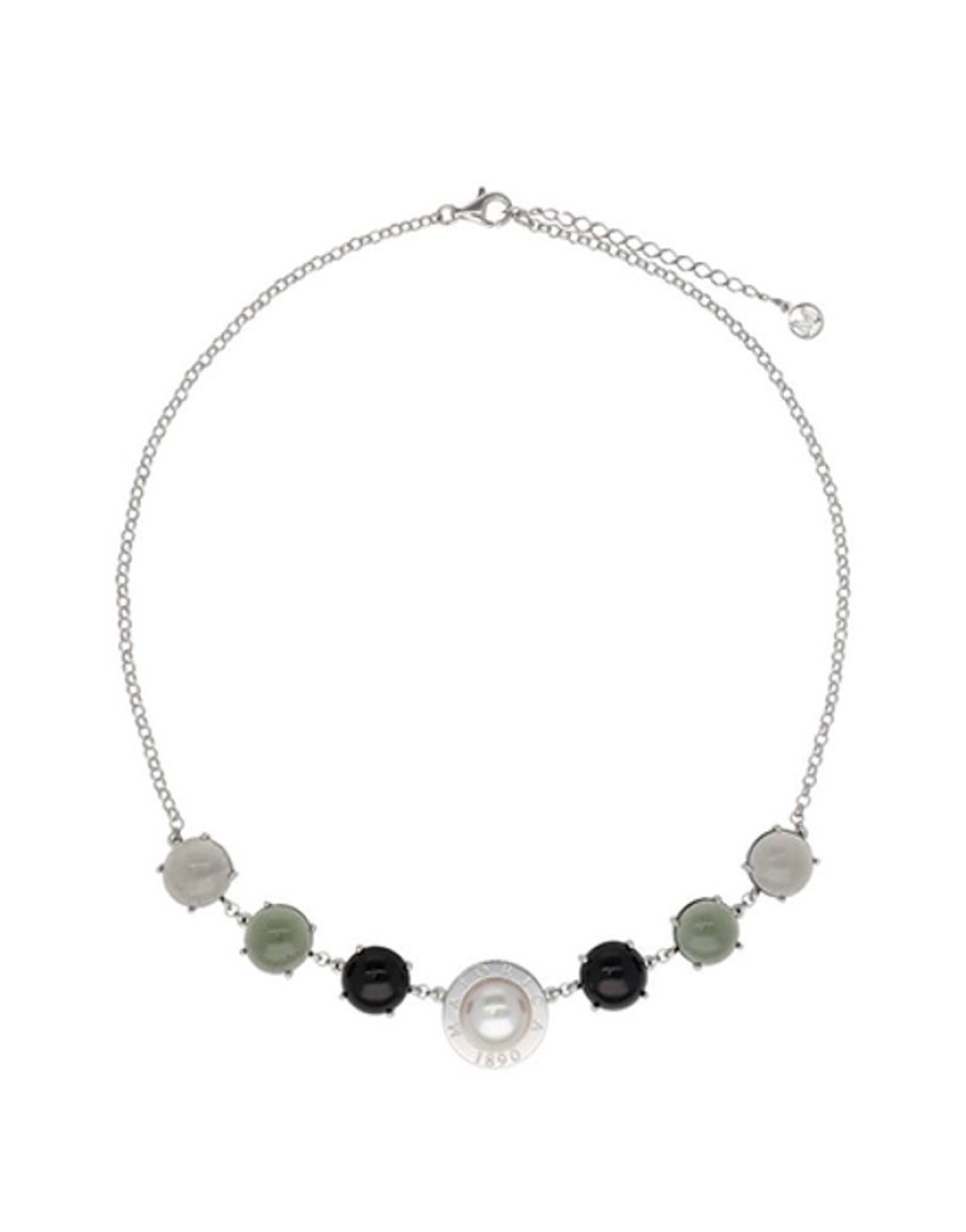 MAJORICA Algaida Silver Necklace With Half-Ball Pearl And Black Murano Glass | Pearl Chain Necklaces