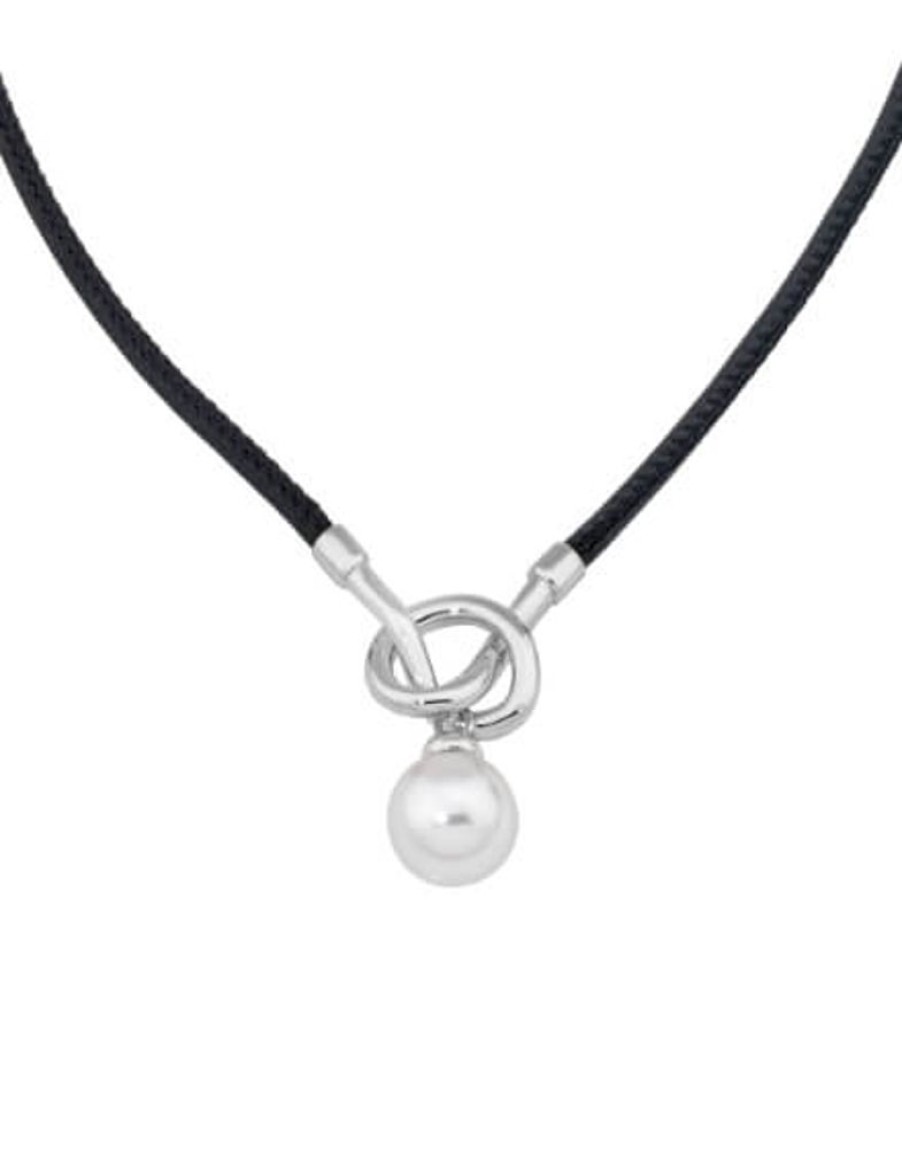 MAJORICA Sicilia Leather Necklace With A Silver Knot And A Round Pearl | Leather Necklaces