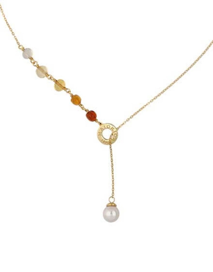 MAJORICA Algaida Short Necklace Golden With Pearl And Amber Murano Glass | Pearl Chain Necklaces